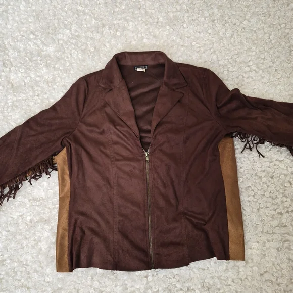 Vintage Vixen Brown Faux Suede Fringe Western Zip Jacket L Cowgirl Boho Fedtival - Picture 9 of 10